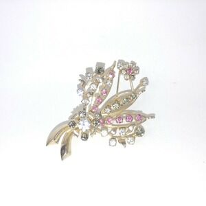 Gold Tone Pink and Clear Rhinestone Floral Pins Brooch Plants